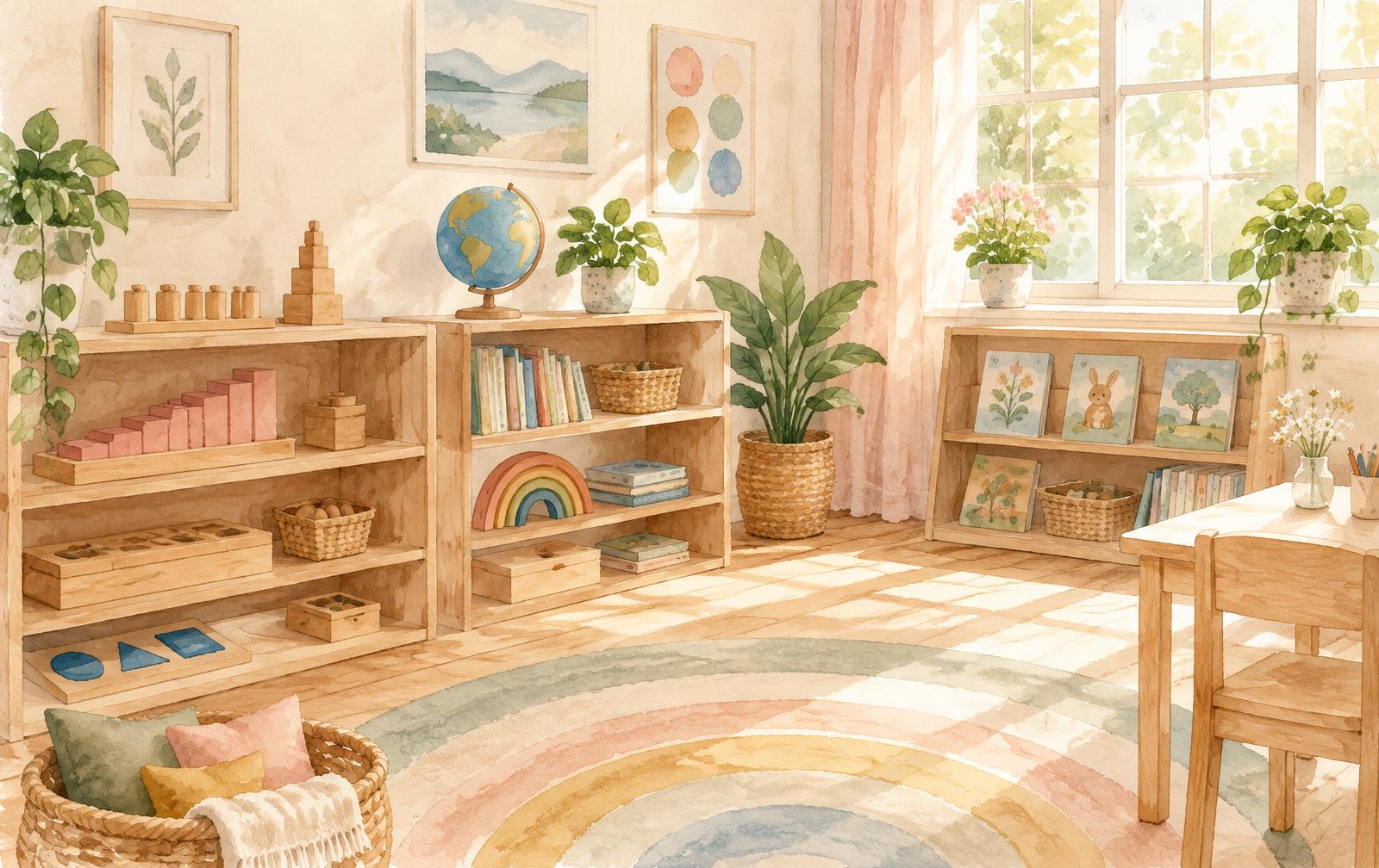 Sunny Montessori classroom with wooden shelves and plants